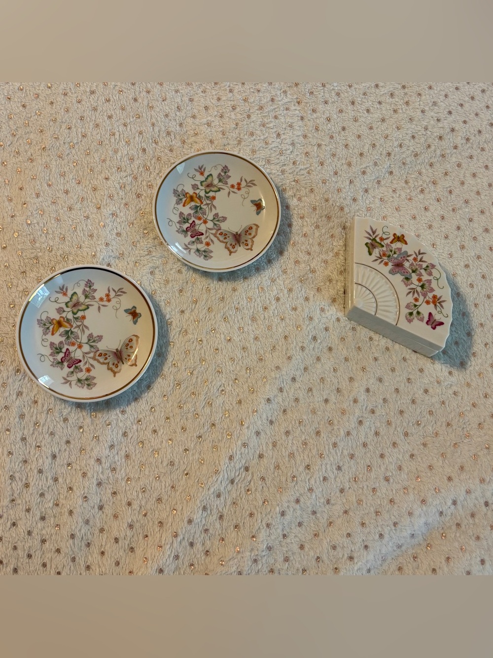Vintage Avon Butterfly Collection 3 Pc Porcelain Trinket Dish & Box Set 22K Gold